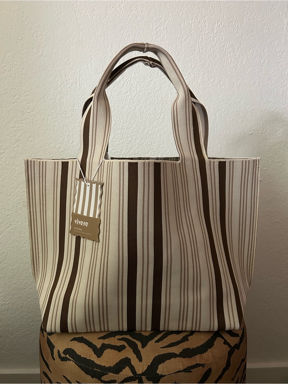 NEW Vivere Striped Canvas Tote Bag in Beige and Brown